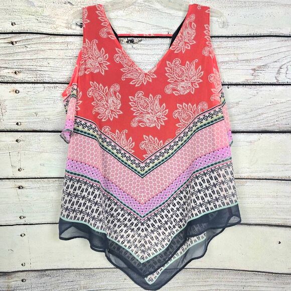 DR2 Coral Boho Print V-Neck Hanky Hem Tank M - Picture 1 of 11